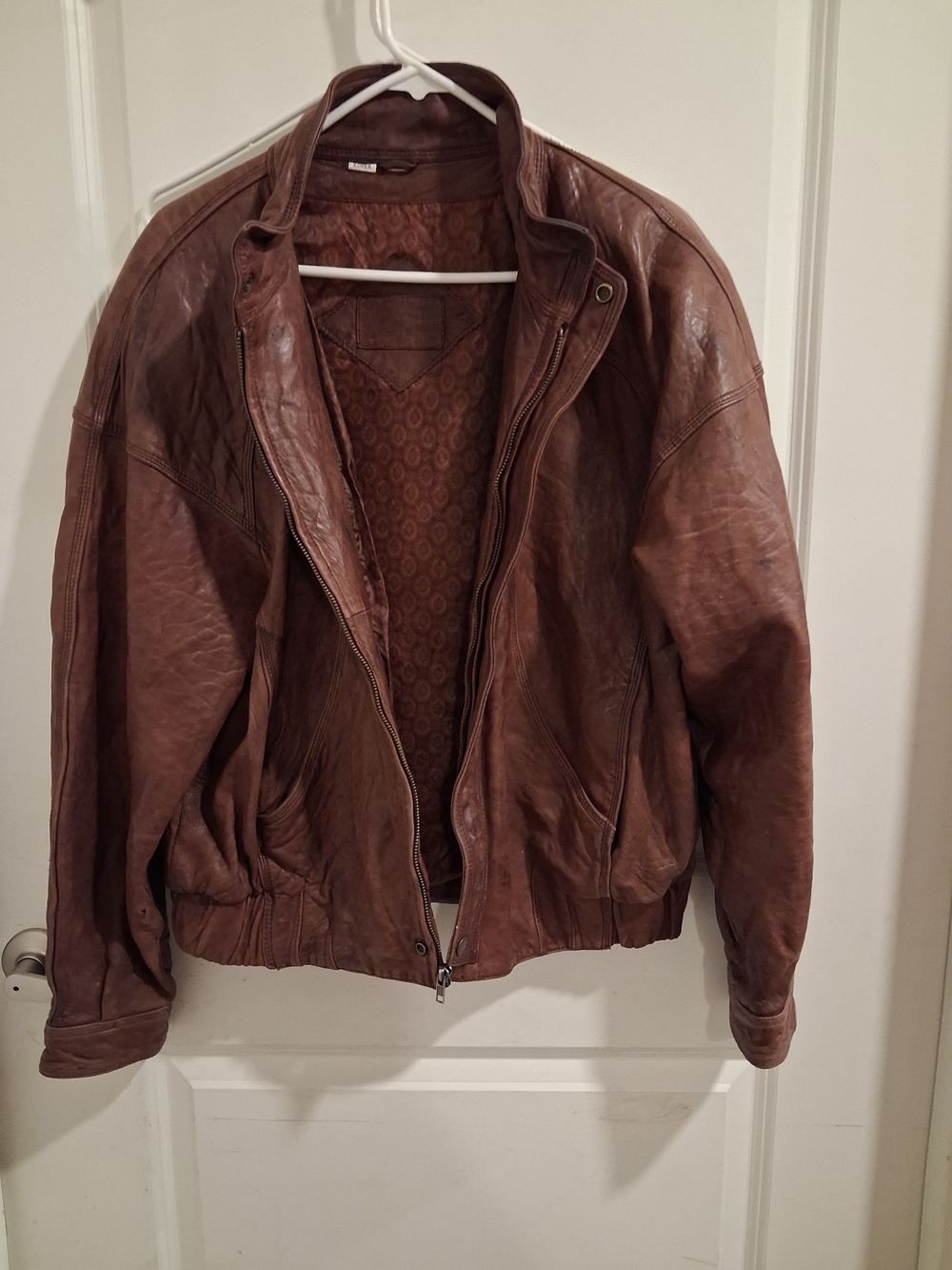 Men's Brown Leather Bomber Jacket with Zip Closure